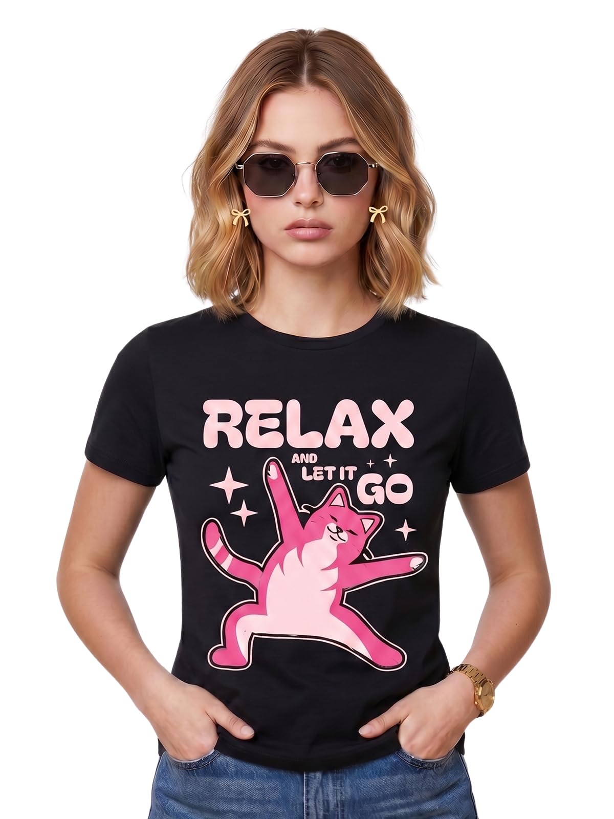 JUNEBERRY® Camiseta estampada de algodón puro para mujer de corte regular para uso diario, viajes y fines de semana (blanco, cisne y negro)