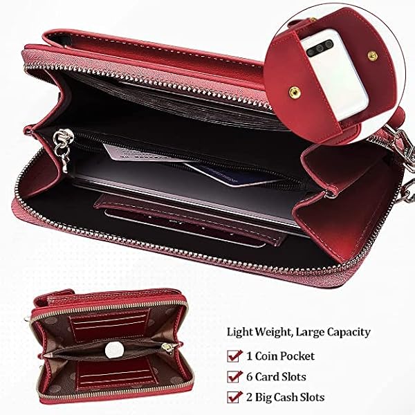 Cell Phone Purse, PU Leather Crossbody Bag Small Crossbody Bag Shoulder Bag Handbag Clutch Phone Pockets for Women Wallet Purse - Wine red - Image 4