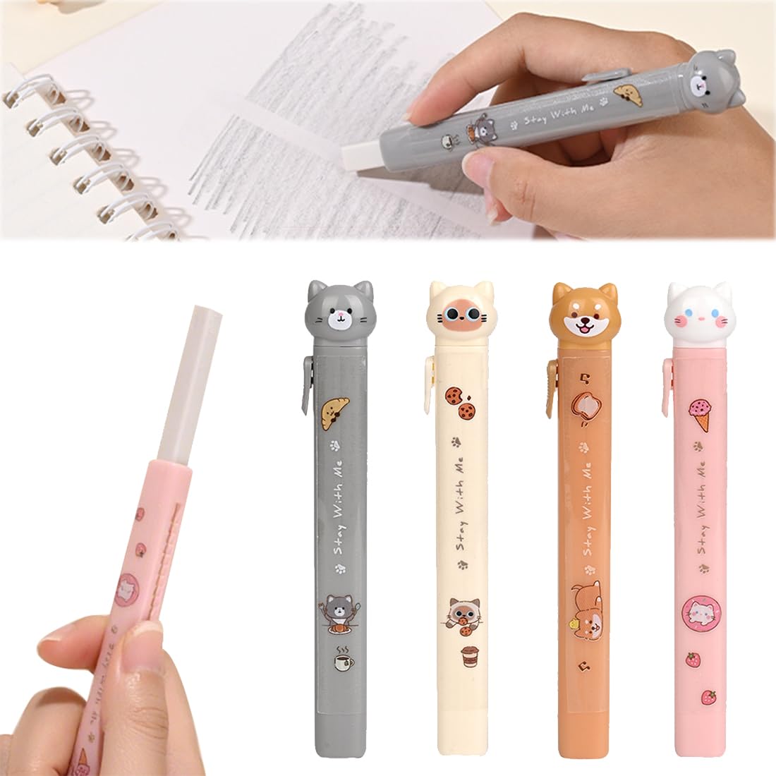 Gomme per Matite Retrattili con Design Gatto Carino - 4 Pezzi per Bambini, Disegno e Scrittura