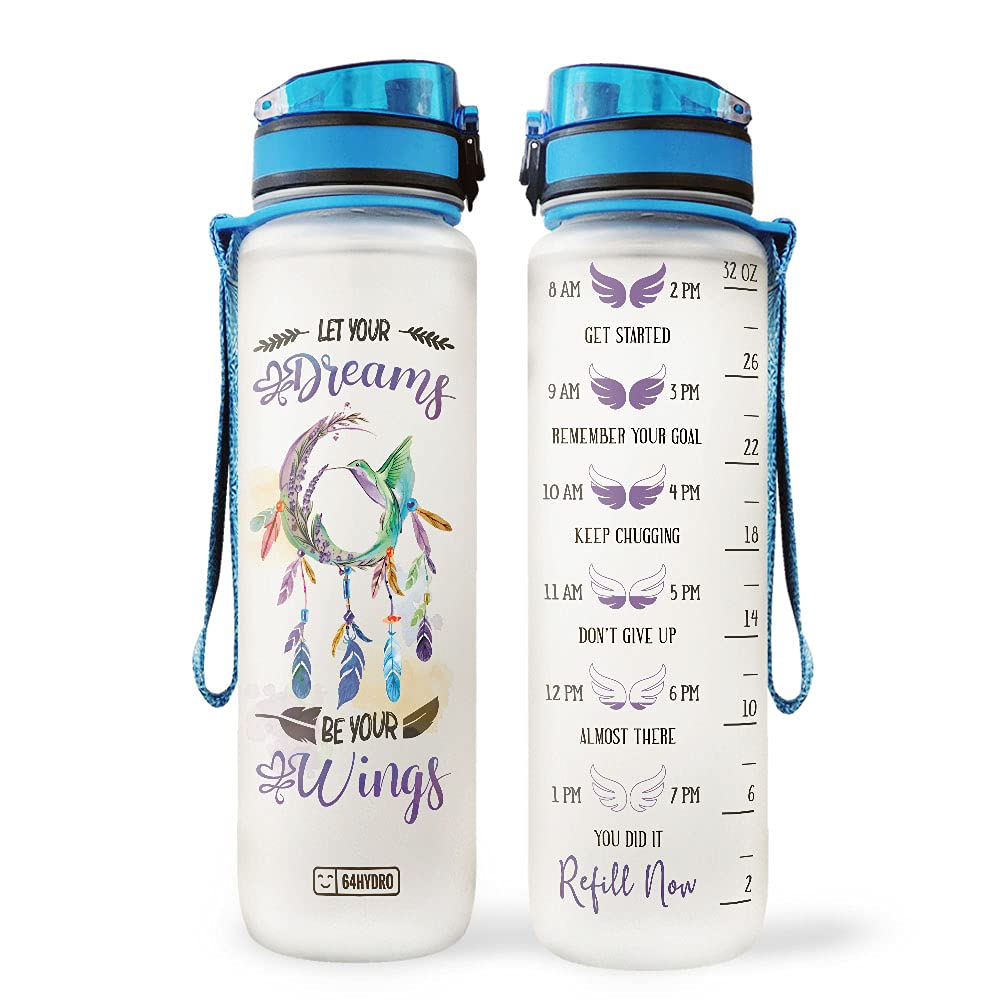 64HYDRO 32oz 1Liter Motivational Water Bottle with Time Marker & Removable Strainer, Water Tracker Bottles, Water Bottles with Times to Drink, Dream Catcher Hummingbird
