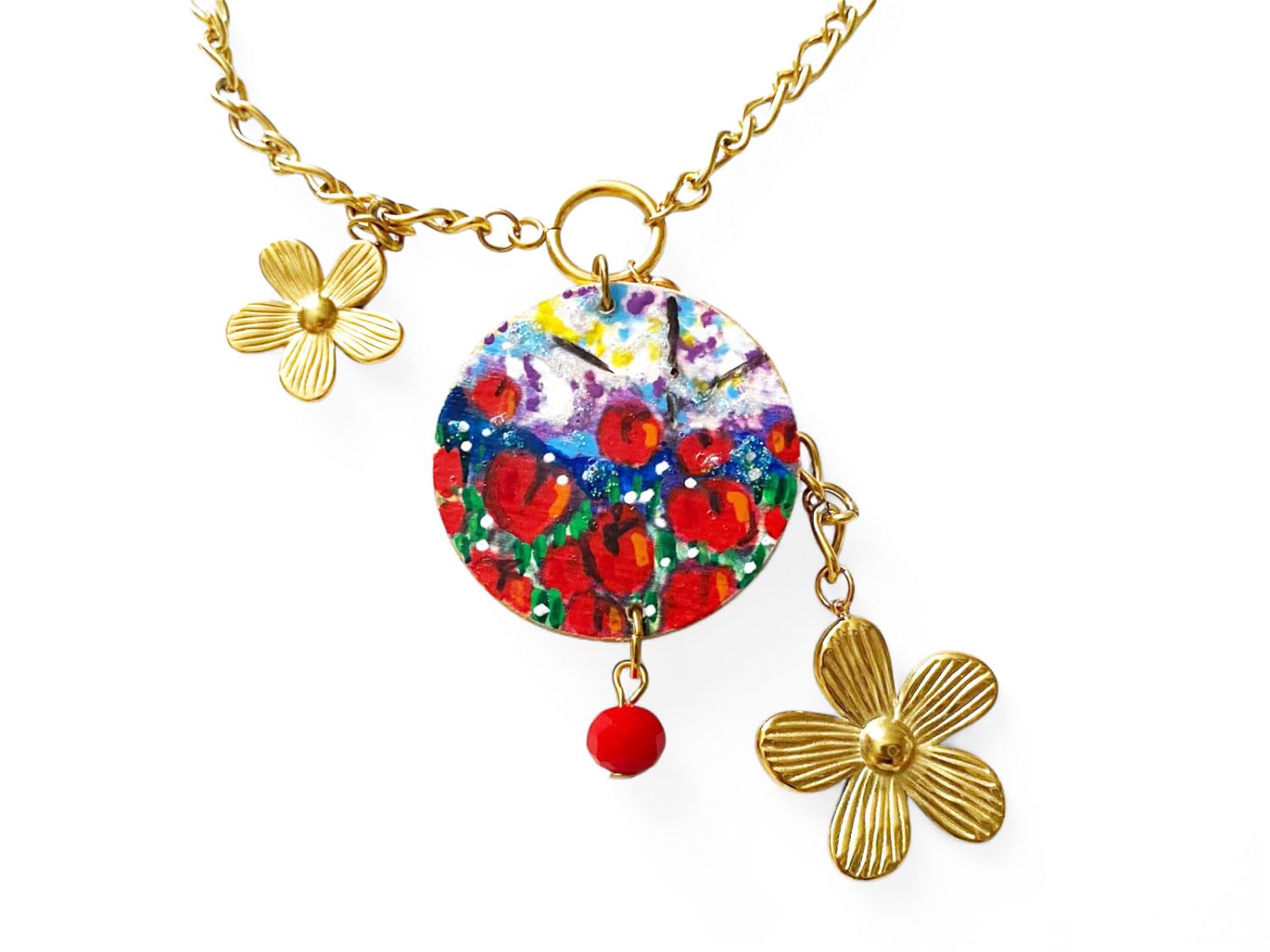 Collar con colgante pintado a mano – Tulipanes rojos – Collar con colgante pintado a mano, medallón de madera pintado a mano, joya elegante en madera totalmente pintada, elaboración artesanal