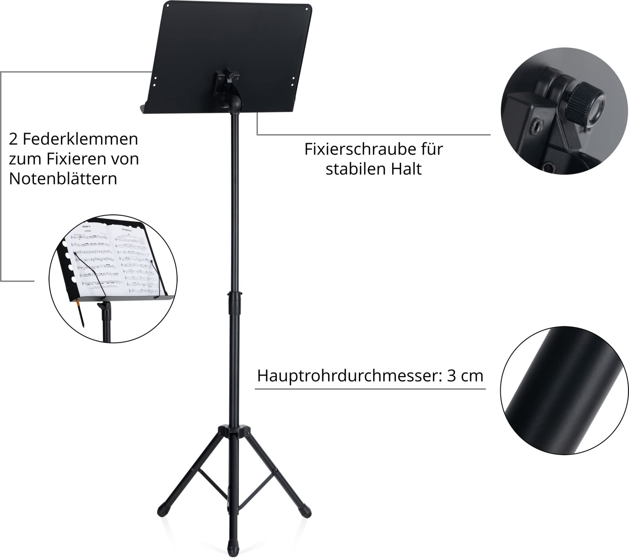 Pronomic OS-01C Orchesterpult (geschlossene Notenauflage, mit Notenklemmen, platzsparend, stufenlos, Prismenverbinder) Schwarz
