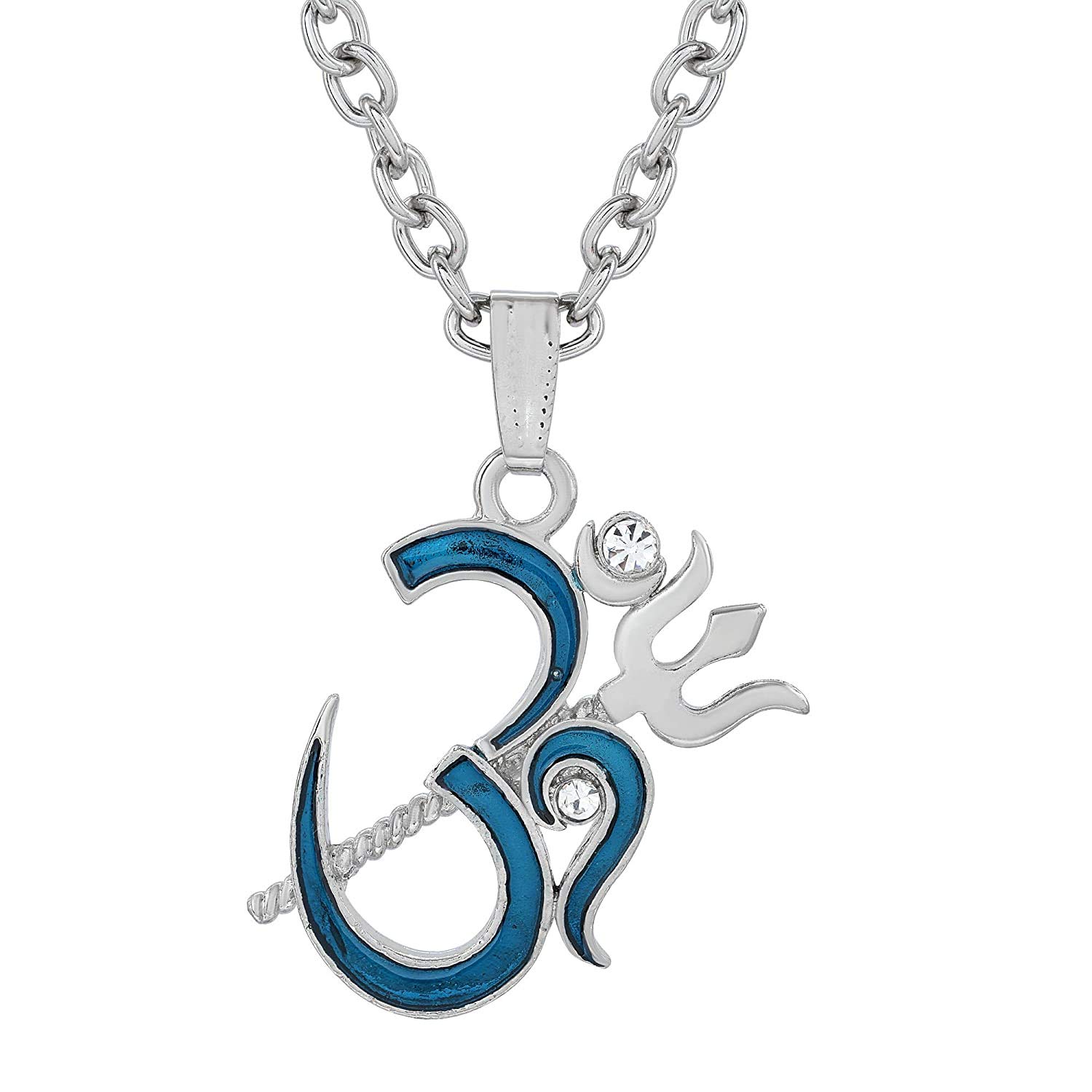 Silver Plated Blue Enamel CZ Studded All Shiv Symbols Om Chand Trishul Pendant Necklace Locket Spiritual Religious Temple Jewellery For Men And Women-image-16