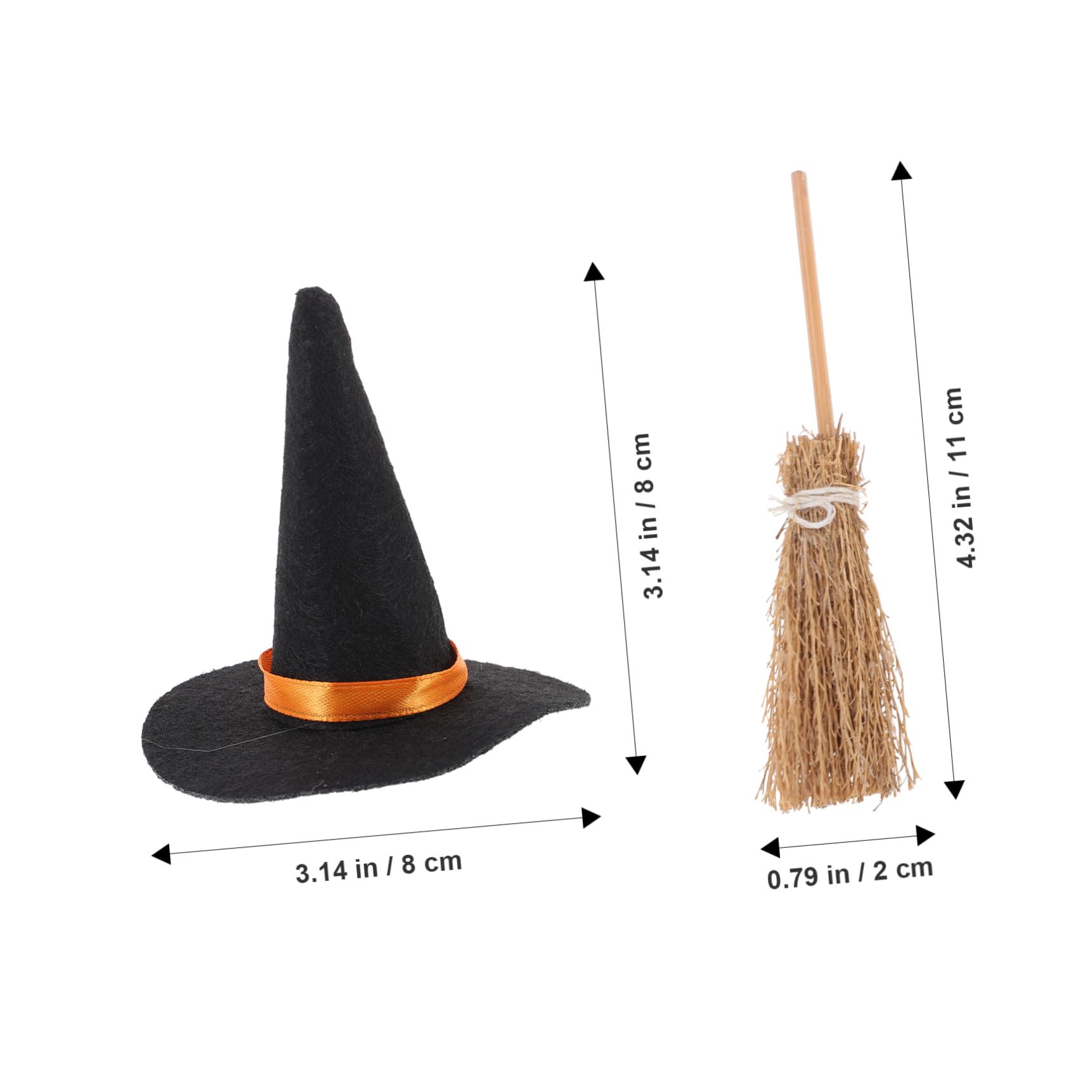 WOONEKY Set di 6 Mini Cappelli da Strega in Feltro 6 Mini Scope in Legno per Decorazioni di Halloween Fai da Te e Atmosfera Festiva per Interni