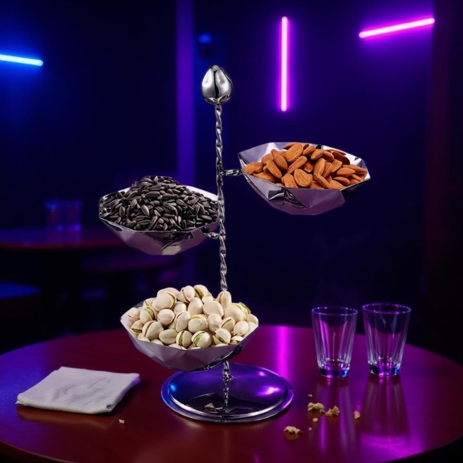 Gralara Présentoir Trois Bols Table Présentoir Acier Inoxydable Stable Support D'exposition à 3 Niveaux , Support À Collations À Trois Têtes En Diamant