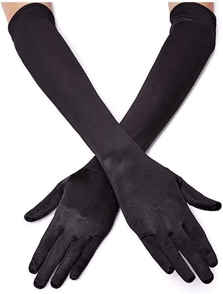 Women's Evening Party Mittens 21" Long Black/White Satin Finger Gloves