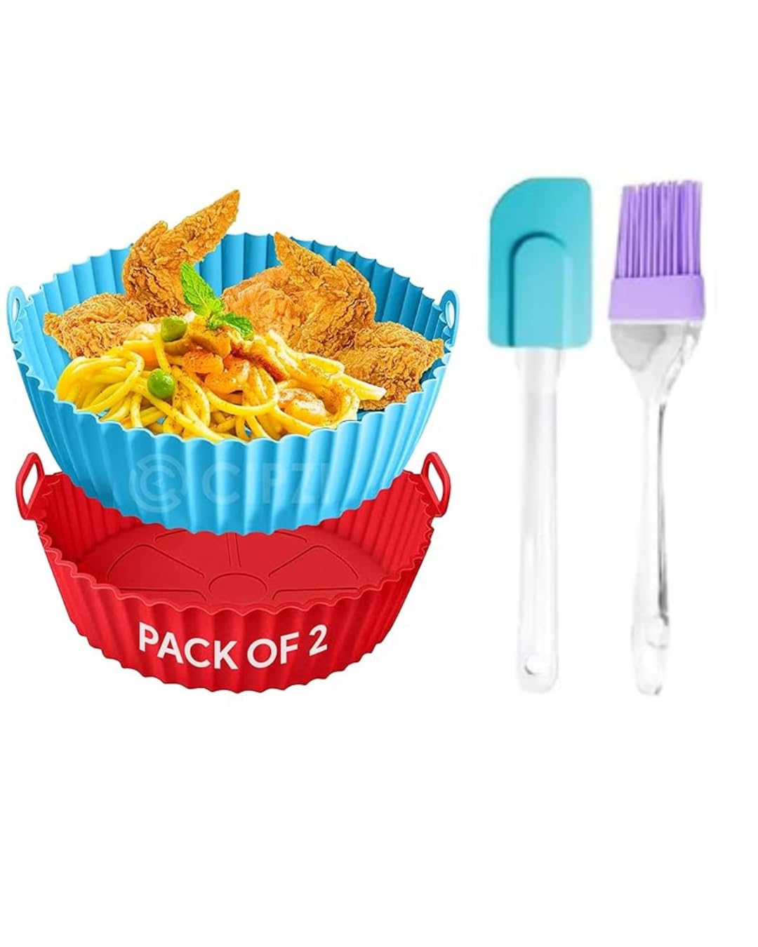 Red&Blue Round Silicone Air Fryer Tray with Ear Handles | 8in Nonstick, Reusable, Heat Resistant, 2-Pack with Oil Brush & Spatula-image-1