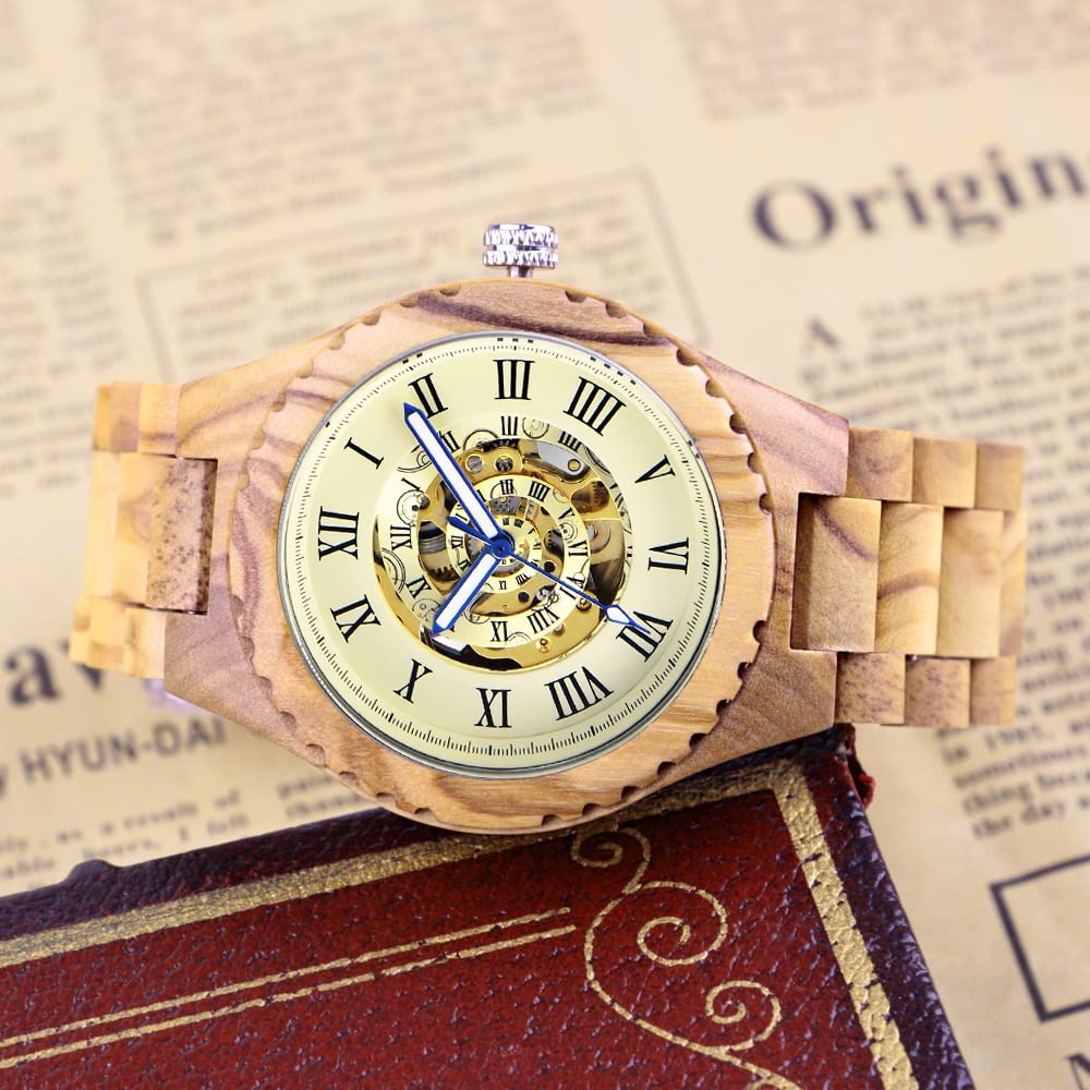 Relojes de madera para hombre, mecánico, automático, movimiento automático, reloj de pulsera para hombre