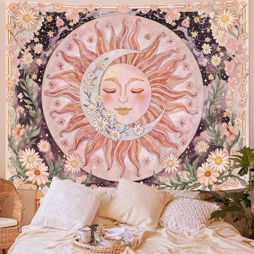 Neasow Sun Moon Daisy Tapestry Boho Aesthetic Floral Wall Art Pink Hippie Decor for Living Room Bedroom Home 36x48 inches