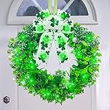 16' St Patricks Day Wreath for Front Door - 28 Clover Green Lights Battery Operated Shamrock Wreath with Bow, Spring Artificial Wreath Irish St Patricks Day Decoration for Wall Window Porch Home