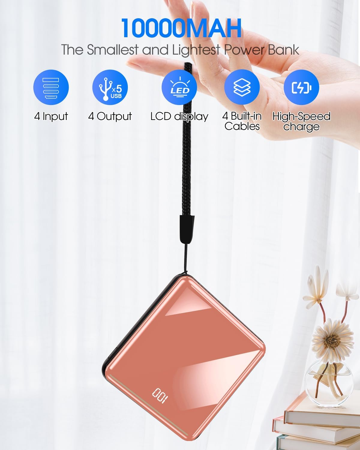 Power Bank with Built in Cables, 10000mAh Slim Portable Charger LED Display, Small External Battery Pack with 4 Inputs and 5 Outputs Phone Charger for iPhone Samsung Huawei iPad etc (Rose)