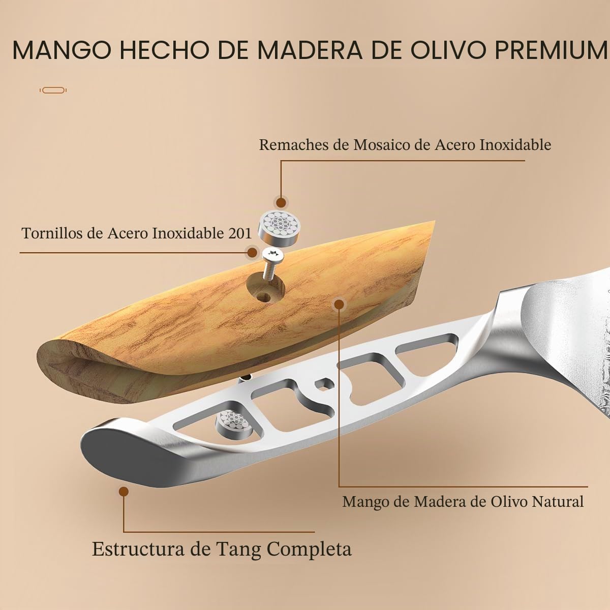 HEZHEN Cuchillo de Cocina Damasco, 21CM Cuchillo Chef de Acero Damasco de 73 Capas, Cuchillo de Cocinero Profesional Mango de Madera de Olivo
