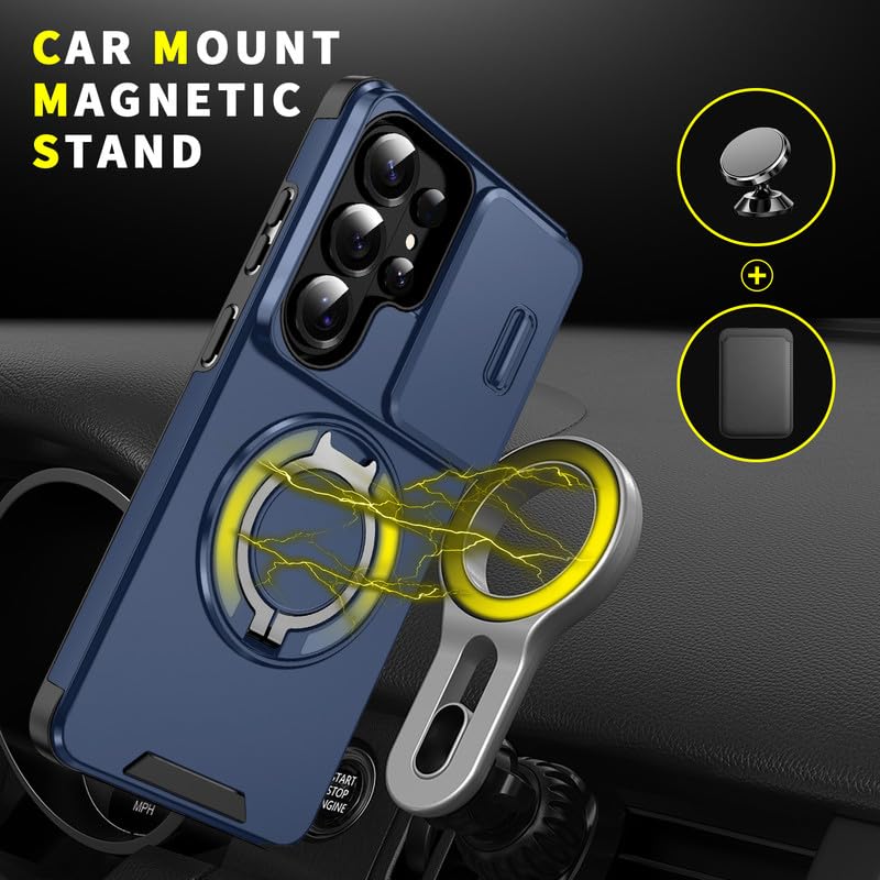 Image of LuxuryKase Shockproof Rugged Case for Samsung Galaxy S26 Ultra | Slide Camera Cover | 360 Rotating Ring Kickstand | Military-Grade Protection - Navy Blue
