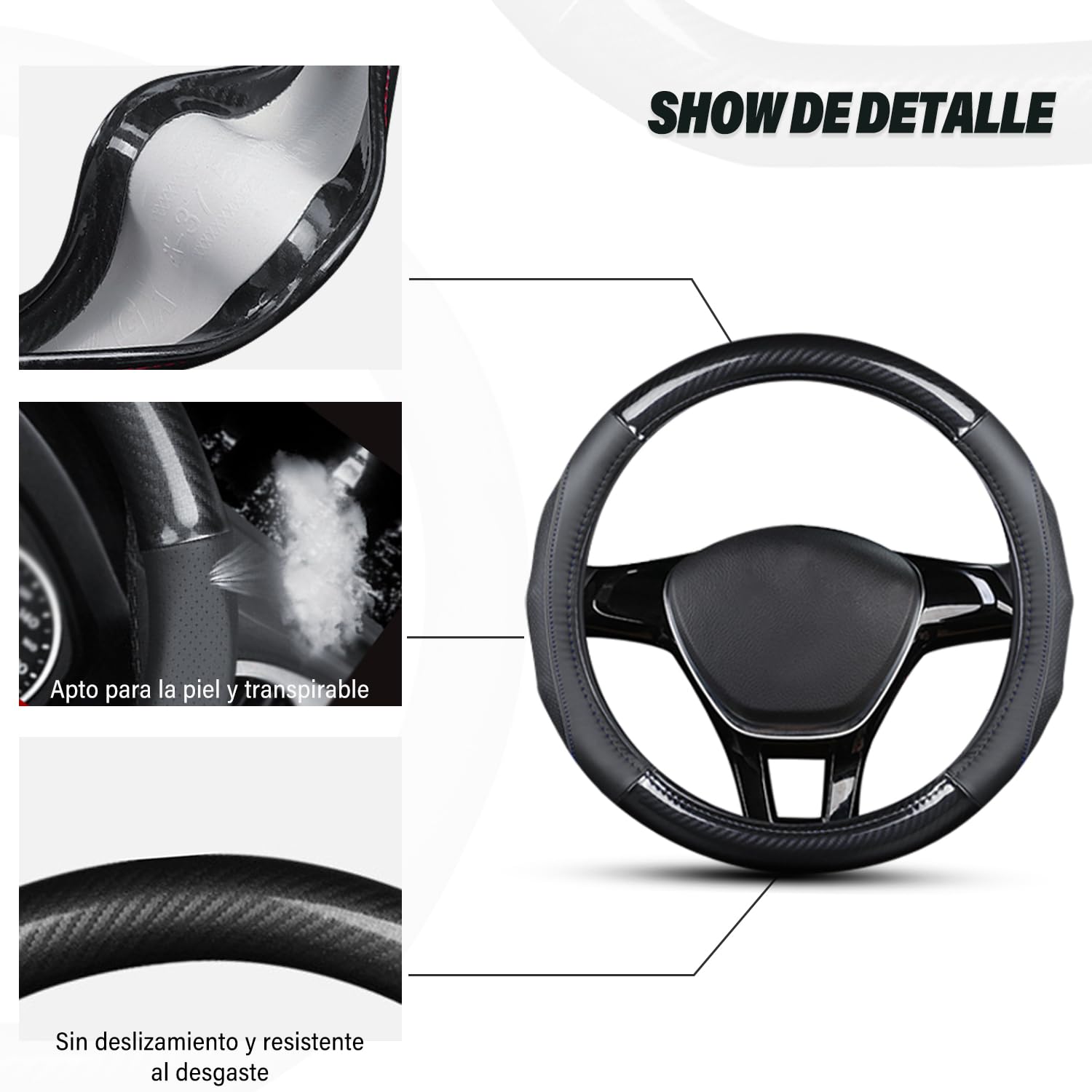 Ergocar Funda Volante De Coche Antideslizante Volante De Coche Protector Forma De D Fibra de Carbono & Piel de Vaca de Primera Capa Para Diámetro 38cm (15 ") (D-negro)