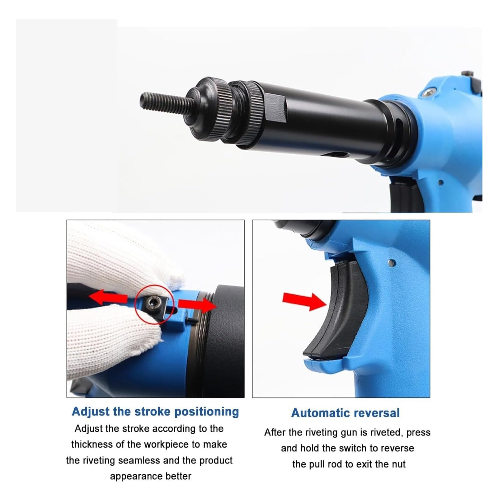 Kit di attrezzi per rivetti idraulici ad aria, rivettatrice pneumatica resistente per M3-M12, corsa regolabile con impugnatura ergonomica, ideale per edilizia e miglioramento della casa