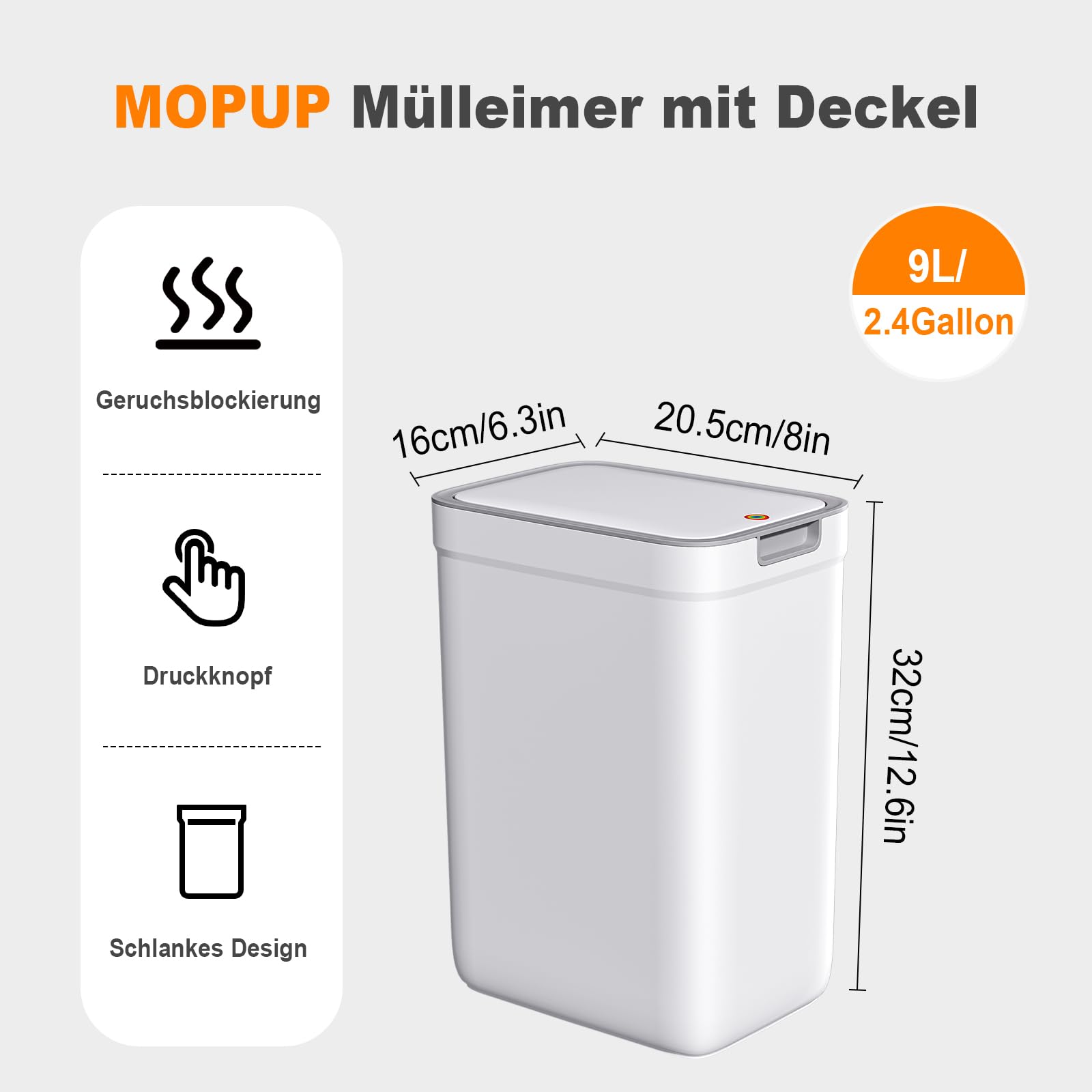 MOPUP Mały koszyk na śmieci do łazienki z pokrywką, 9 l/2,4 galonów, wąski koszyk na śmieci, koszyk na papier z tworzywa sztucznego z otwieranym na szeroko deklem, odporny na psy do łazienki, kuchni