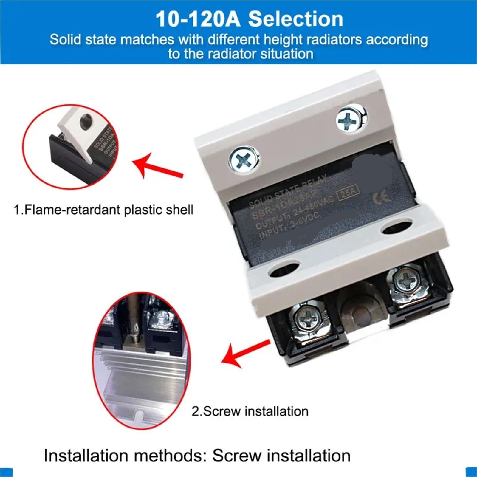 Losowy przekaźnik półprzewodnikowy SSR 10A 25A 40A 60A 80A 100A 120A DC Sterowanie DC Jednofazowe sterowanie AC 3-6 V DC 24-480 V AC (60 A)