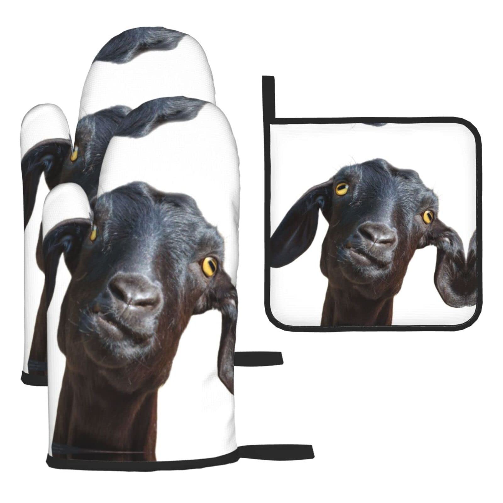 Cute Black Goat Animal Oven Mitts and Pot Holder Kitchen Set for Grilling, Cooking, Baking, Heat Resistant