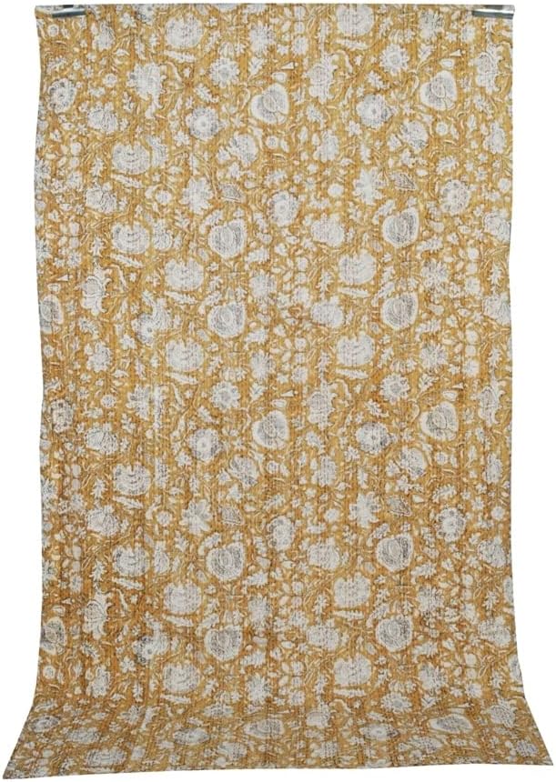 Floral Print Beautiful Kantha Quilt - Indian Hand Block Reversible Cotton Bedding Bedspread - Queen Size Vintage Kantha Gudari (Dark Brown, Twin)