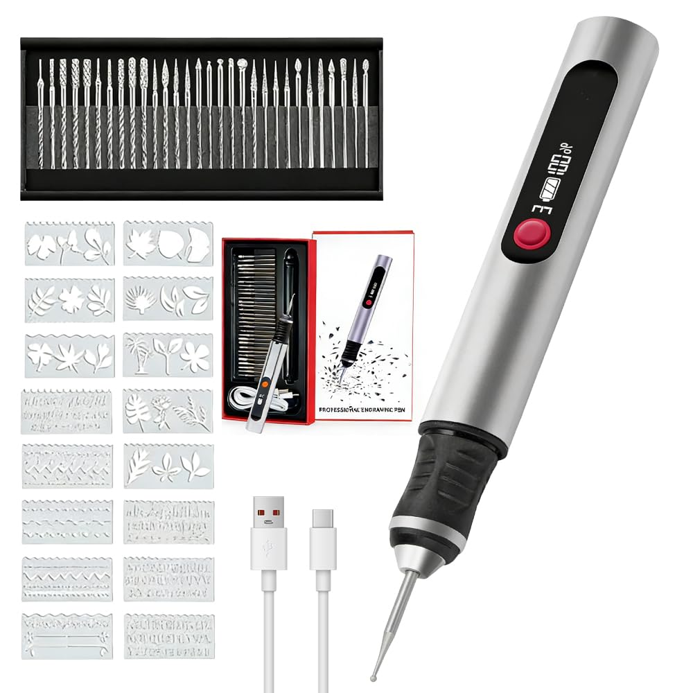 Gravierstift, Elektrischer Gravur Stift mit 30 Bits und 16 Vorlagen, Kabelloser Tragbarer Gravur Gerät, USB-Type-C Wiederaufladierbar Gravur Werkzeug Kit für Schmuck, Holz, Kunststoff, Metall,