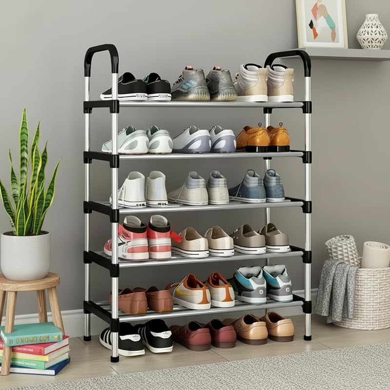 Image of 5-Tier Shoe Storage Rack | Space-Saving Free-Standing Shoe Organizer | Durable Metal Frame with Open Shelves | Ideal for Entryway, Closet, Bedroom fvewv (HANDRAIL-Black)