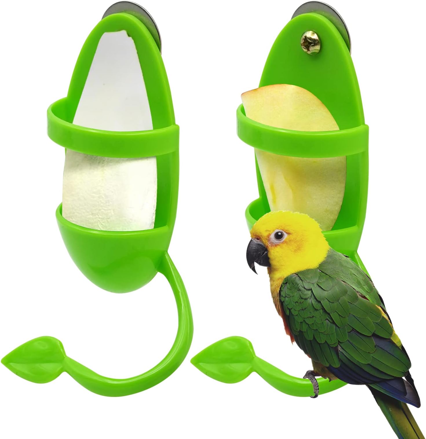 2PCS Bird Cuttlebone Stand Holder Feeding Cup Rack Birdcage Accessories with Perches Supplies Fruit Vegetable Storage for Budgies Parakeet Cockatiel Conure Lovebird Finches, Green