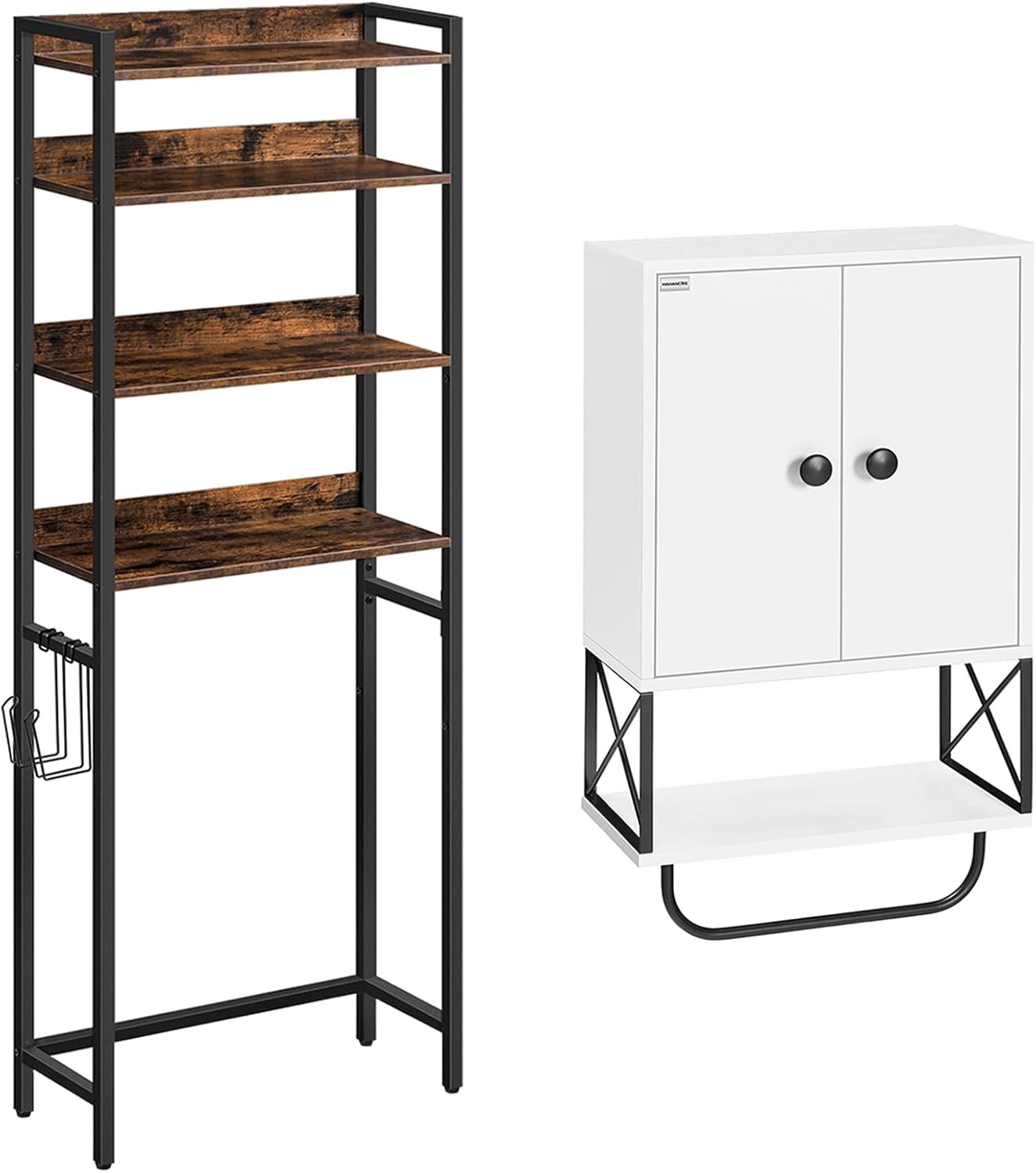 Over The Toilet Storage Rack and Wooden Medicine Cabinet Bundle, 4 Tier Bathroom Organizer Over Toilet, Wall Mounted Storage Cabinet with 2 Doors, Easy to Assemble