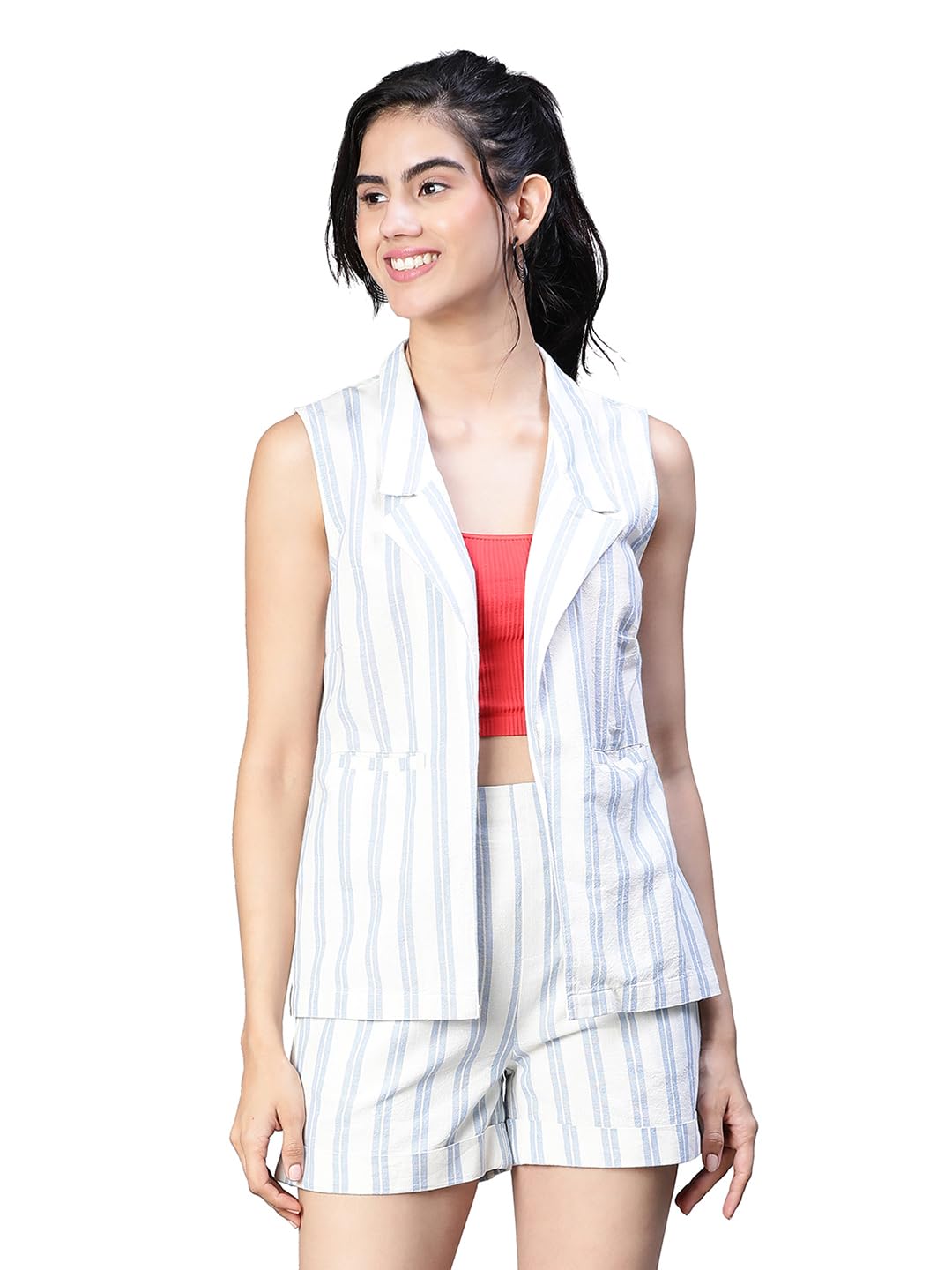 Women's Soild Open Collared Sleeveless Cotton Waistcoat-image-49