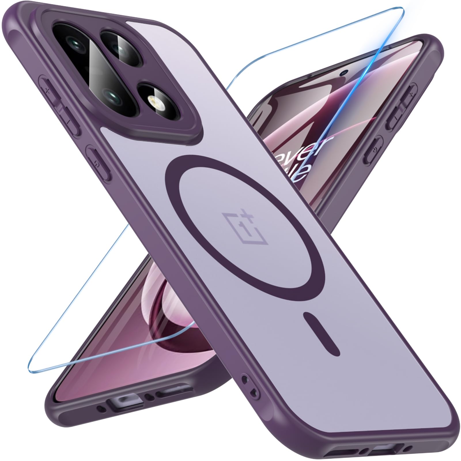Hensinple Magnetic for OnePlus 15 Case with Screen Protector, [Compatible with MagSafe] Translucent Matte Shockproof Military Grade Drop Proof Protection Cover Phone Case for OnePlus 15 5G(Purple)