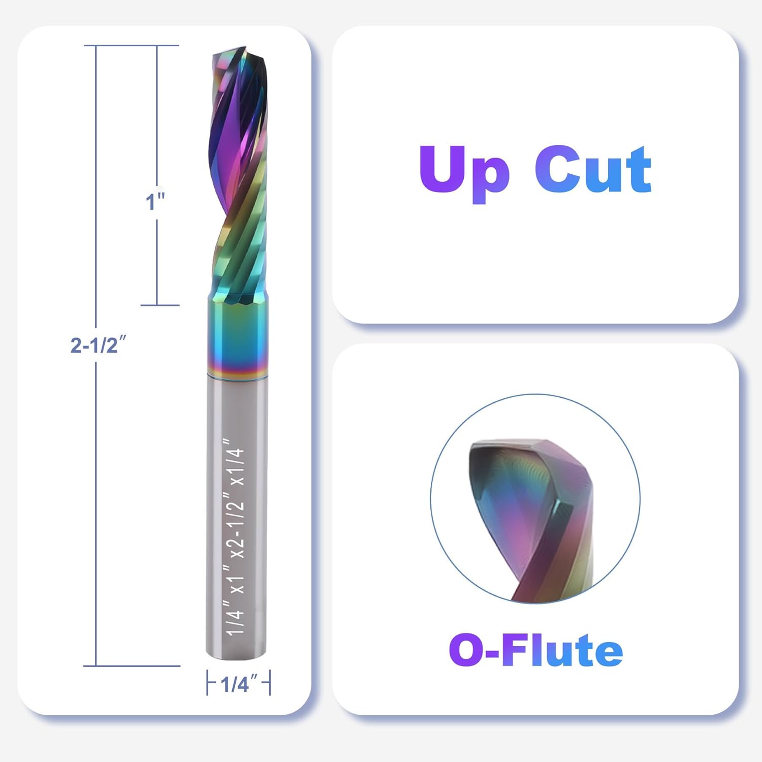 O Flute Spiral Router Bit 1/4 Inch Shank 1/4" Cutting Dia. 1" CL. 2-1/4"OVL. CNC Carbide Single Flute Up Cut End Mill with DLC Coating,Ideal for Acrylic, Plastic, Aluminum, Wood,PVC,MDF
