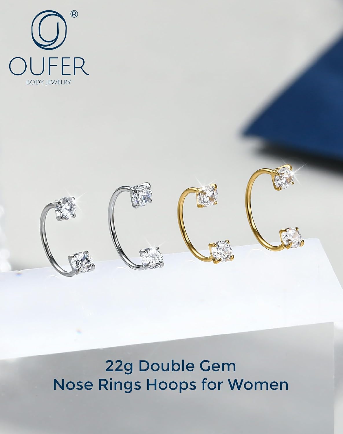OUFER 22g Nose Rings Hoops, 316L Surgical Steel Double Gem Nose Piercing Jewelry with Threadless Top, Helix Earrings Lip Rings for Women-7 & 8 mm
