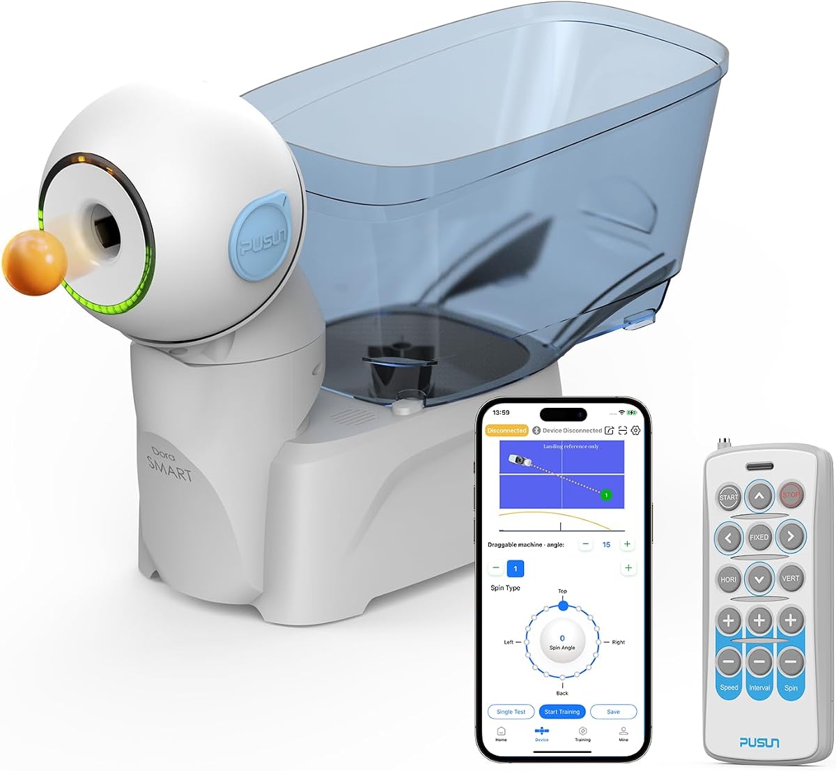 Table Tennis Robot, PUSUN Desktop Portable Ping Pong Machine, Remote/App Control, Pre-Saved Drills, Real-time Spin/Speed/Landing Point Adjustment(Dora Smart Pro)