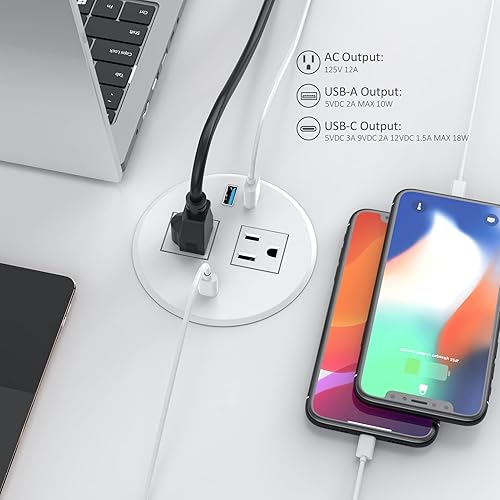 Miniatura 3 de XBA Ojal de alimentación de escritorio, toma de corriente con ojales de mesa con 2 salidas de CA, 2 puertos USB, 1 puerto USB C, conecta el cable de