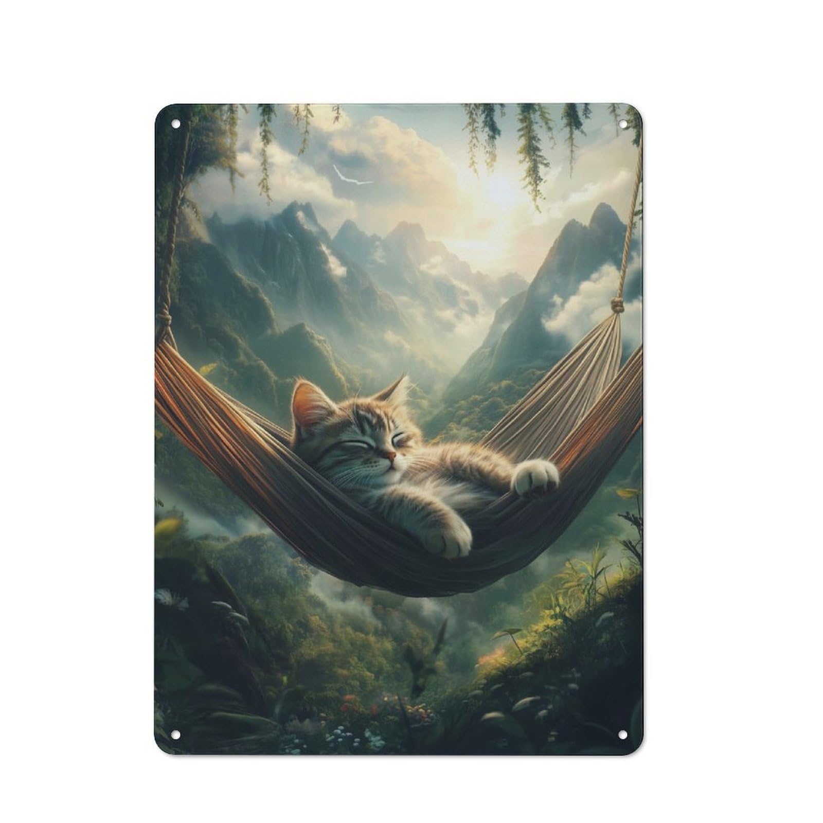 Junmoney Cat Napping In Hammock Metal Wall Plaque 40X30cm, Everyday Small Space Decor For Flat, Dorm Room, Lounge Or Cafe
