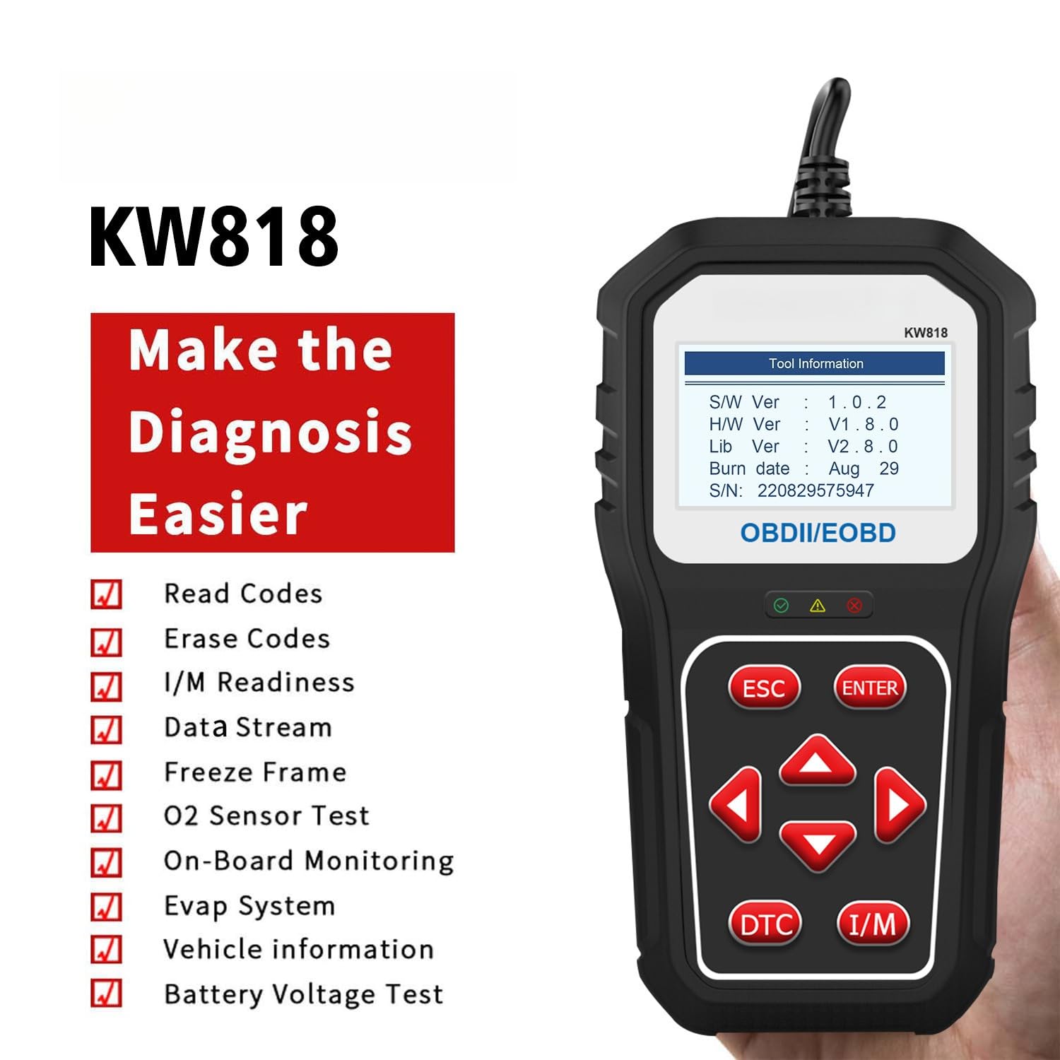 KW818 High-End OBD2 Scanner für 12V Benzinfahrzeuge mit Fehlercode Lesen/Löschen, Motorfehlerlichtdiagnose & Batteriespannungstest