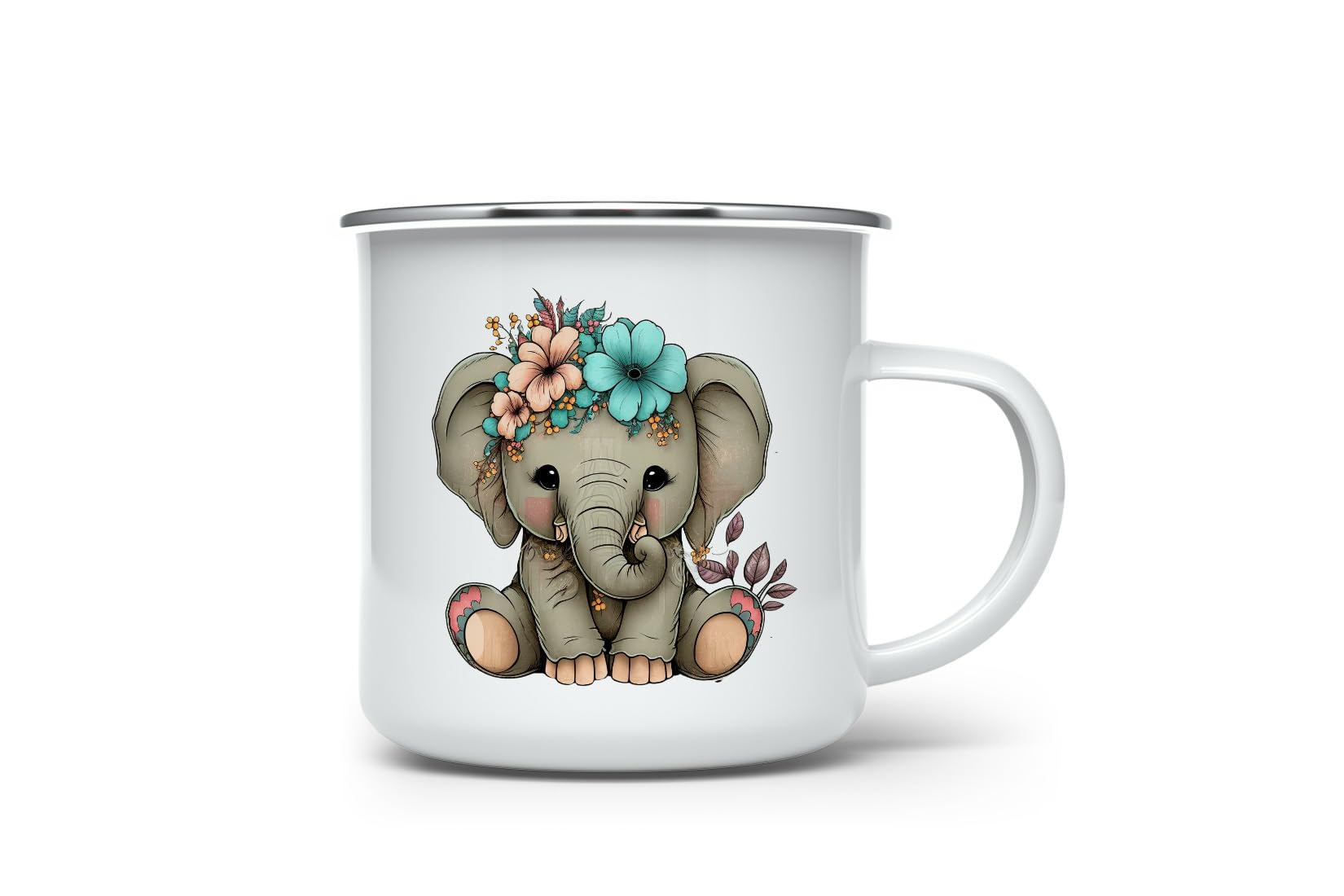 MAXIKIWI - Durable Enamel Coffee or Tea Camping Mug for Indoor Outdoor Use - Floral Baby Elephant Watercolor - 350ml