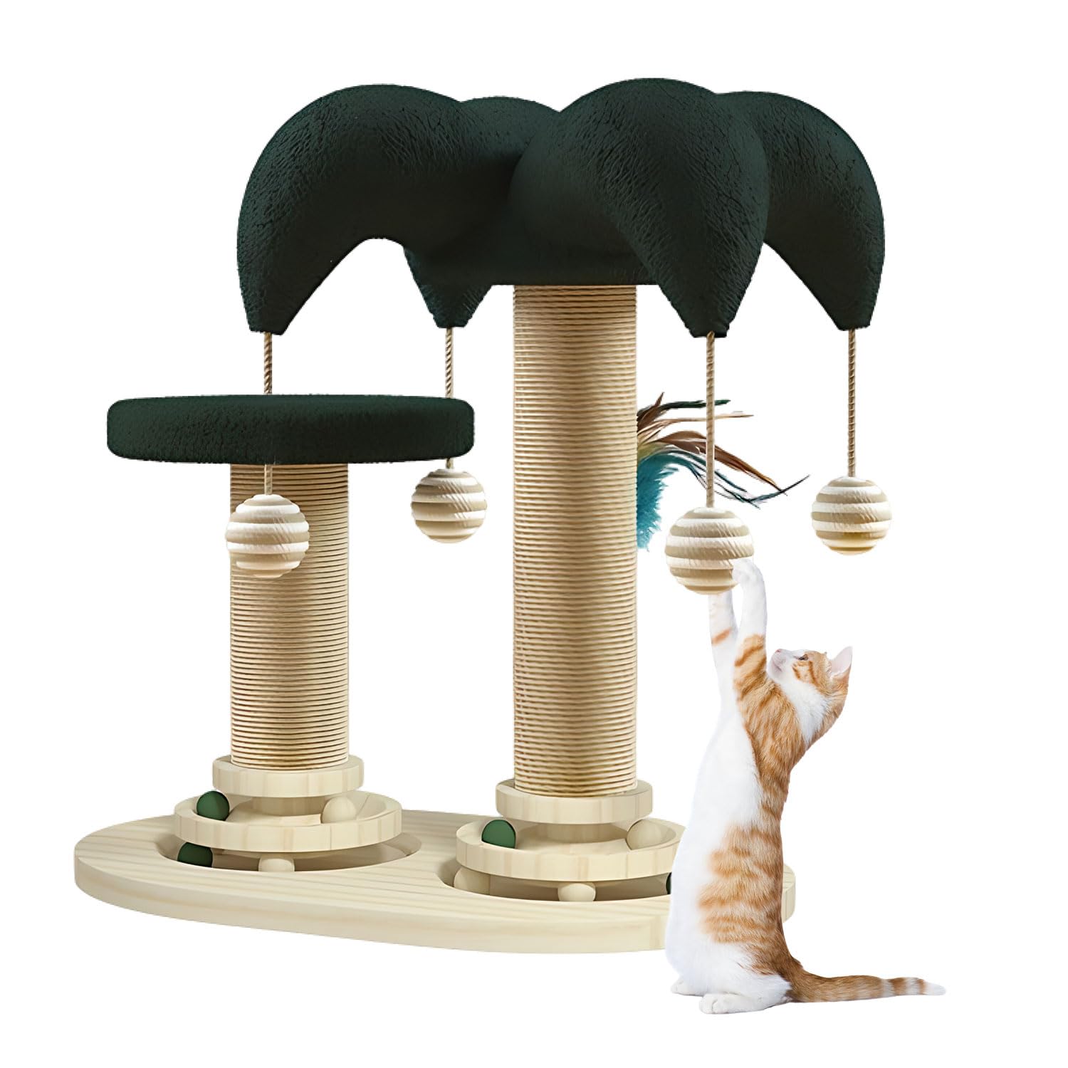 Giocattolo interattivo per gatti 6 in 1, in legno, con palline sospese, piume, girevole, Smart Track Ball, albero tiragraffi in sisal e iuta per gatti piccoli e medi