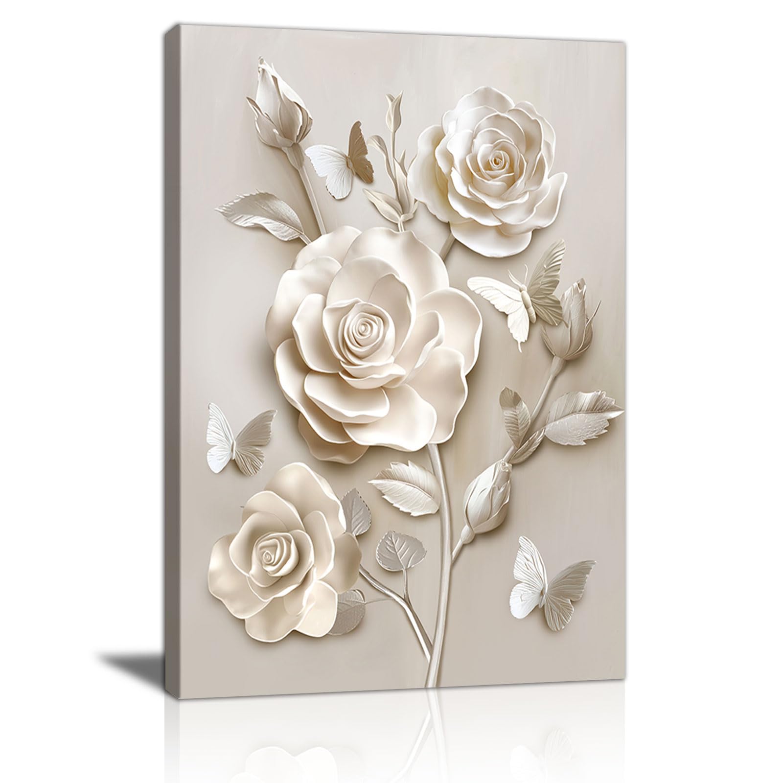 FajerminArt Cream White Rose Flowers Canvas Wall Art Prints, White Floral Framed Canvas Painting Artwork Blooming Flowers Butterfly Pictures Wall Decor for Bedroom Living Room Office 40X60cm
