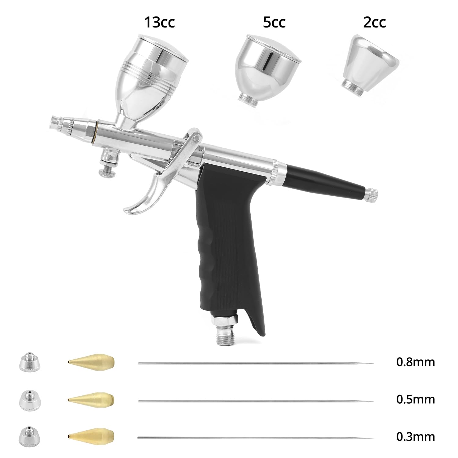 QWORK® Kit Pistola aerografo Professionale - Ugelli Proiettile 0,3 mm 0,5 mm 0,8 mm - Tazza Vernice 2 CC 5 CC 13 CC - Lunghezza Tubo 1,8 m