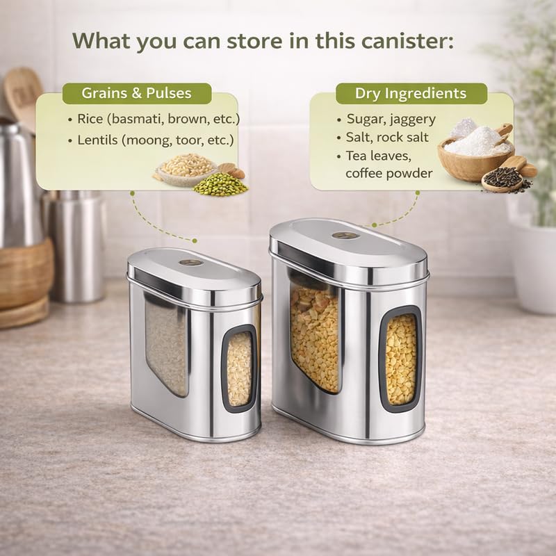 Image of Stainless Steel Capsule Food Canisters /Jars /Containers for Kitchen Storage with See Through Window - set of 2, 1850 & 2350 ml capacity, Silver