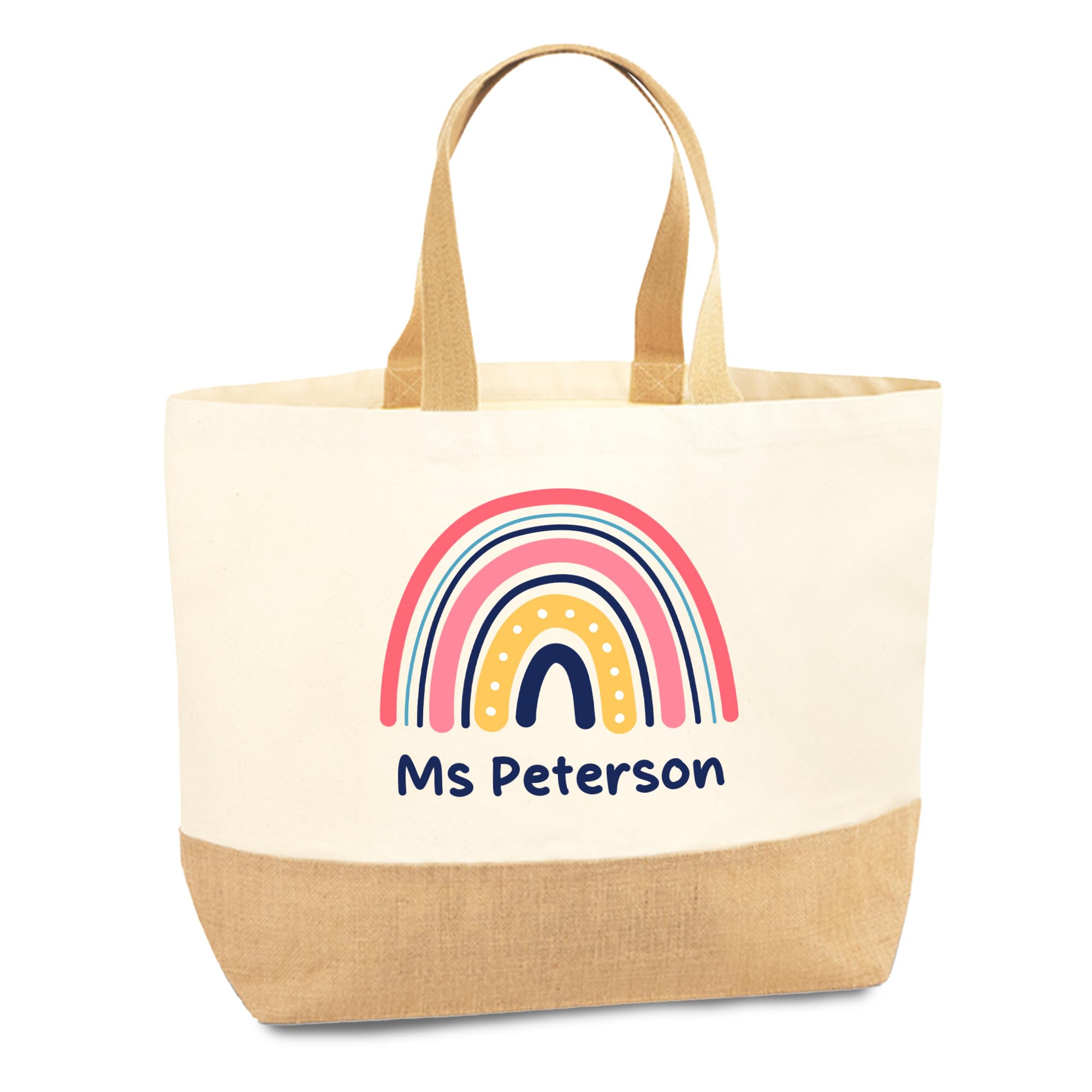 Teacher Personalised Tote Bag Custom Name Rainbow Print Gift For Teacher Teaching Assistant Nursery School Staff Appreciation Gift End Of Year Present Canvas Jute Bag