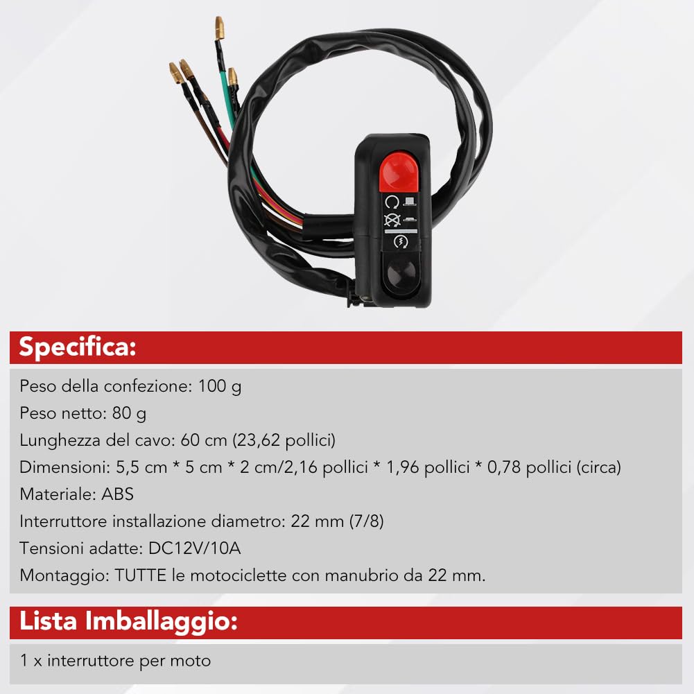 Interruttore Manubrio Moto 12V 7/8 Pollici Pulsante Arresto Motore Accensione per Scooter ATV