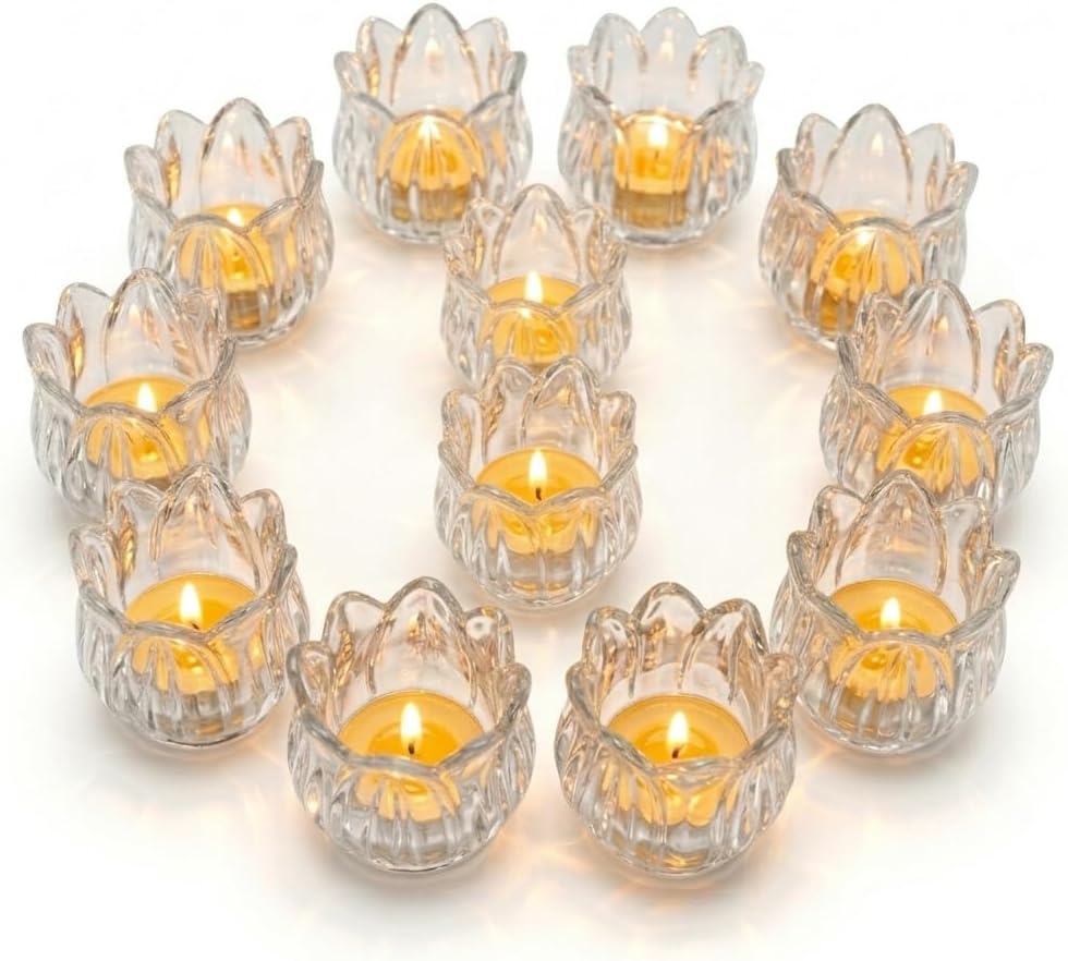 Tulip Votive Candle Holders Set of 6, Tea Light Candle Holder Glass for Table Centerpiece, Tealight Candle Holders for Wedding Déco, Birthday, Anniversary, Parties, and Holiday (Glod)