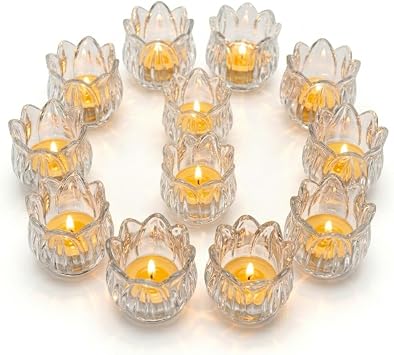 Tulip Votive Candle Holders Set of 12, Tea Light Candle Holder Glass for Table Centerpiece, Tealight Candle Holders for Wedding Deco, Birthday, Anniversary, Parties, and Holiday Clear