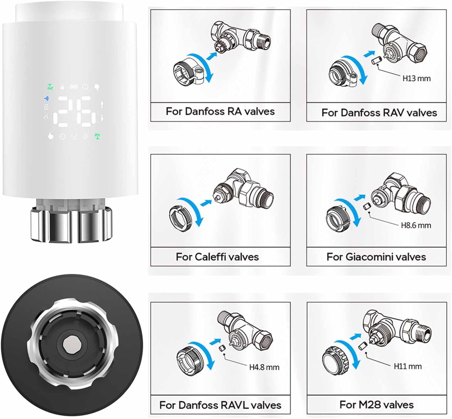 Diagrams showing installation steps for Walfront Smart Thermostat TRV Valve on different valve types: Danfoss RA, Danfoss RAV, Caleffi, Giacomini, Danfoss RAV L, and M28 valves.