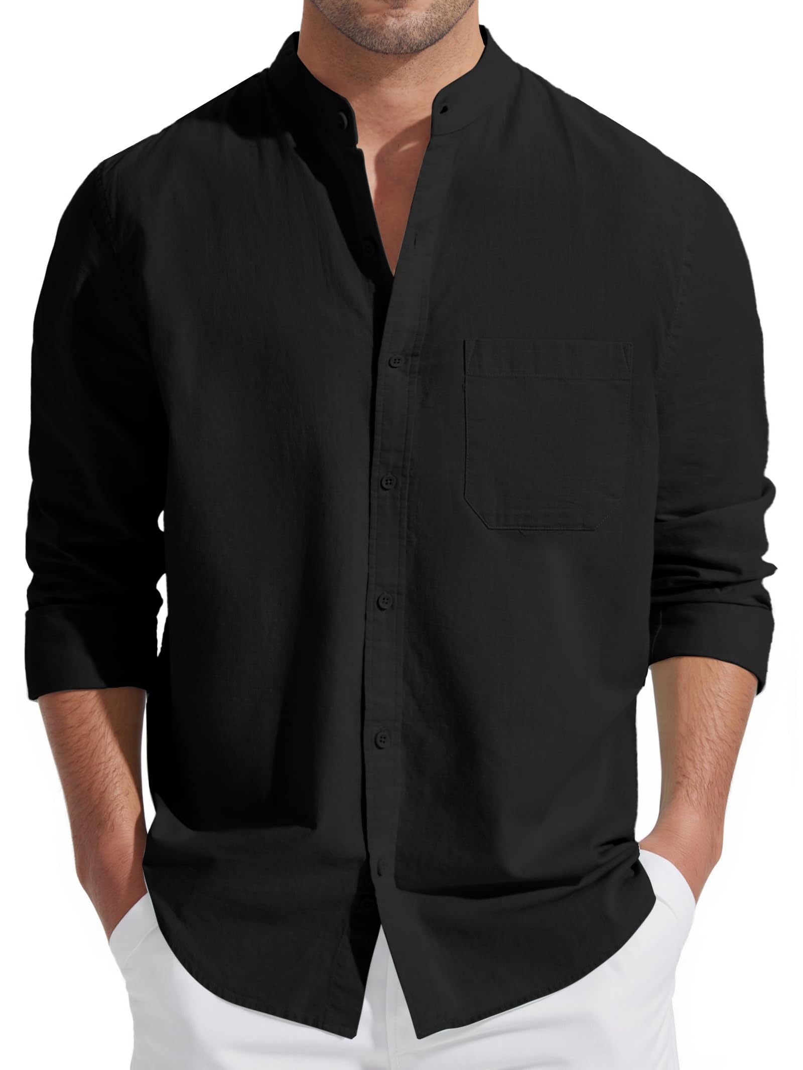 Friptspyg Herren Leinen Hemden Langarm Baumwolle Leinenhemd Stehkragen Sommer Hemd Regular Fit Freizeithemden Strand Hemden mit Tasche