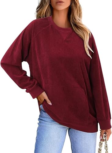 KISSMODA Women's Casual Long Sleeve Sweatshirt Color Block/Solid Crewneck Corduroy Pullover Cute Tops