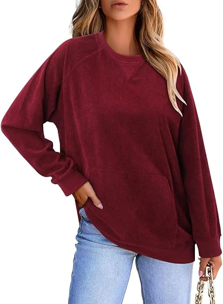 KISSMODA Women's Casual Long Sleeve Sweatshirt Color Block/Solid Crewneck Corduroy Pullover Cute Tops