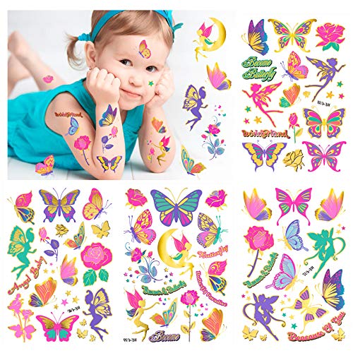 Howaf Glitter Tattoos For Girls, Waterproof Rose/Fairy/Butterfly Temporary Tattoos Kits For Kids, Colourful Fake Temporary Butterfly Tattoo Stickers For Girls Birthday Party Supplies Favors #TOP1