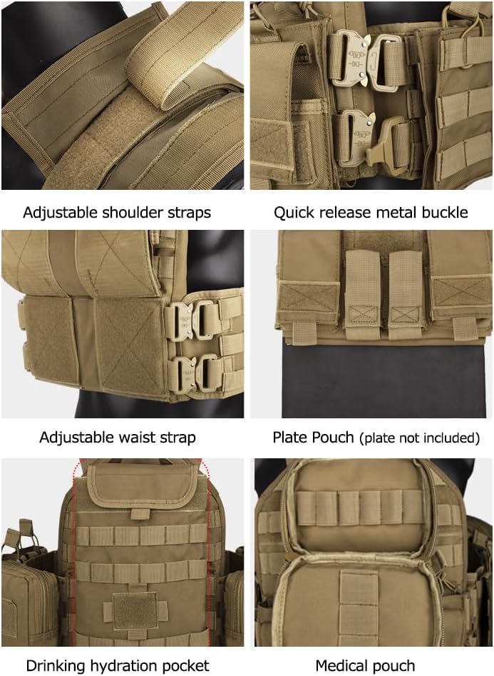 YAKEDA Tactical Training Vest with PALS System - Multi-Pocket Adjustable Straps Quick-Release Buckle for Hunting